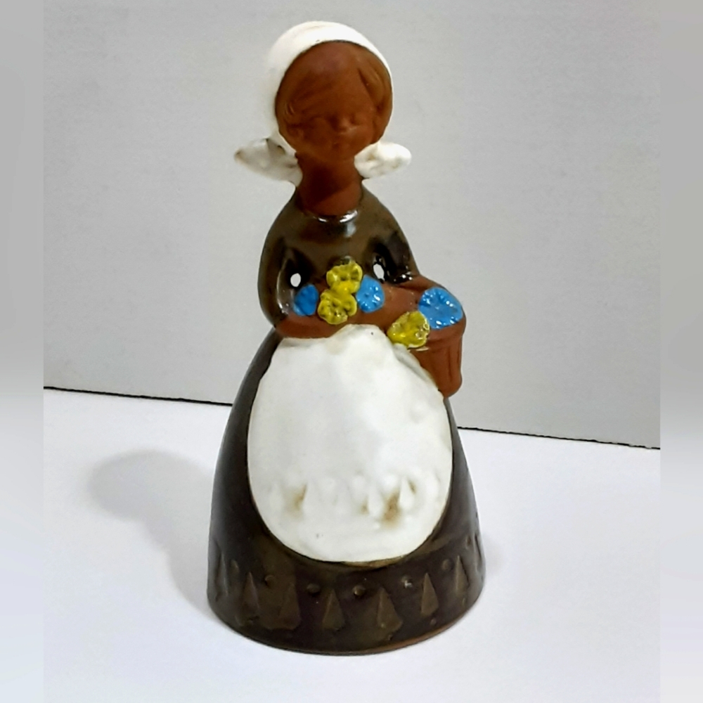 Vintage Pottery Dinner Bell Handmade Country Girl w Basket Flowers Cottagecore